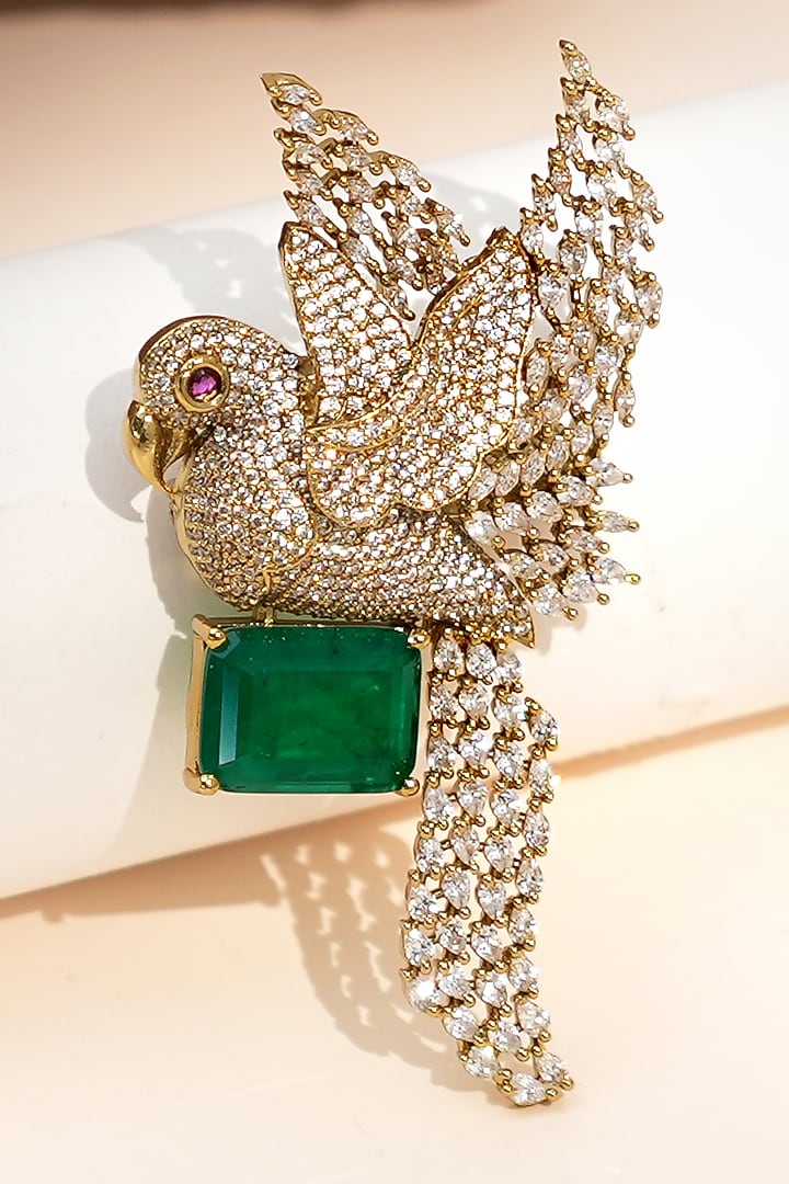 Gold Finish Diamond & Green Stone Sky Songbird Brooch by Beryachi at Pernia's Pop Up Shop