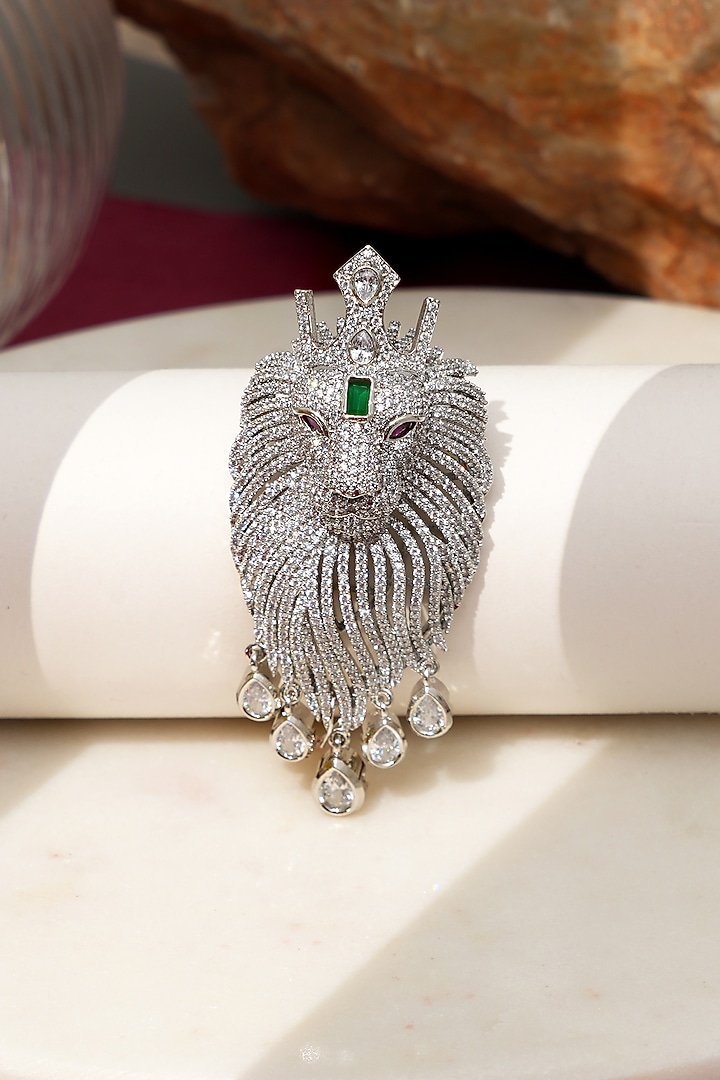 White Finish Diamond & Green Stone Crown Rajsi Sher Brooch by Beryachi at Pernia's Pop Up Shop