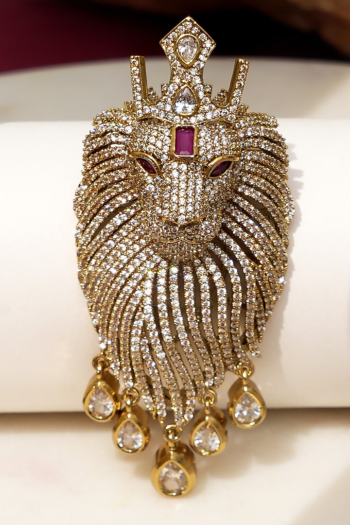 Gold Finish Diamond & Red Stone Crown Rajsi Sher Brooch by Beryachi at Pernia's Pop Up Shop