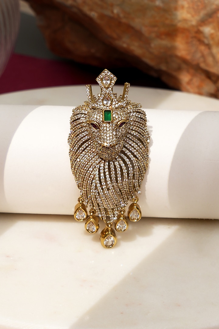 Gold Finish Diamond & Green Stone Crown Rajsi Sher Brooch by Beryachi at Pernia's Pop Up Shop