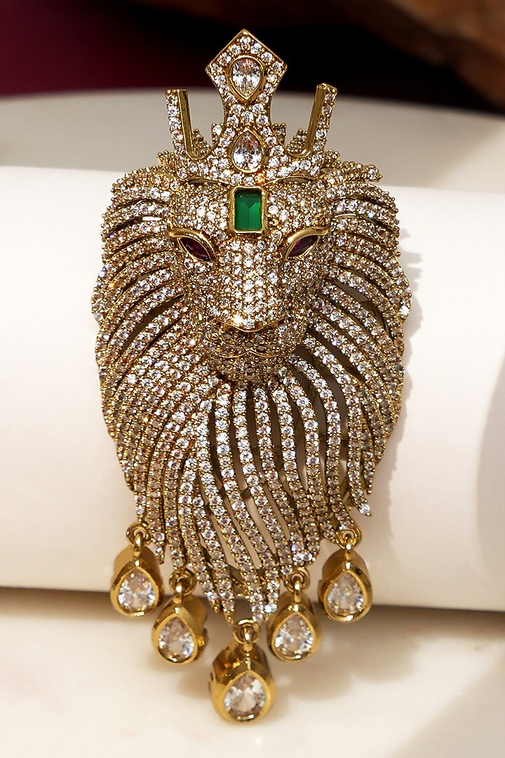 Gold Finish Diamond & Green Stone Crown Rajsi Sher Brooch by Beryachi at Pernia's Pop Up Shop
