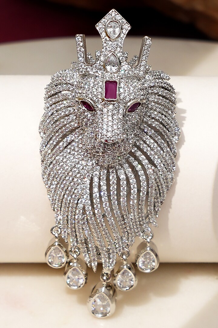 White Finish Diamond & Red Stone Crown Rajsi Sher Brooch by Beryachi at Pernia's Pop Up Shop