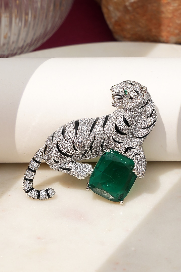 White Finish Diamond & Green Stone Jaguar Brooch by Beryachi at Pernia's Pop Up Shop