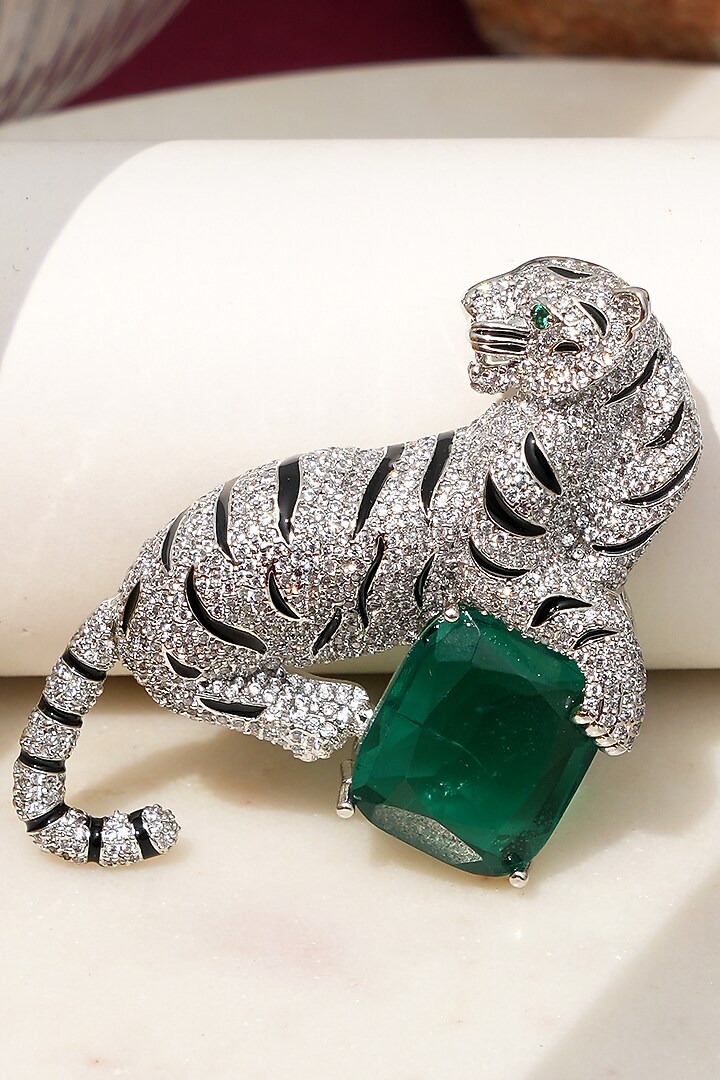 White Finish Diamond & Green Stone Jaguar Brooch by Beryachi at Pernia's Pop Up Shop