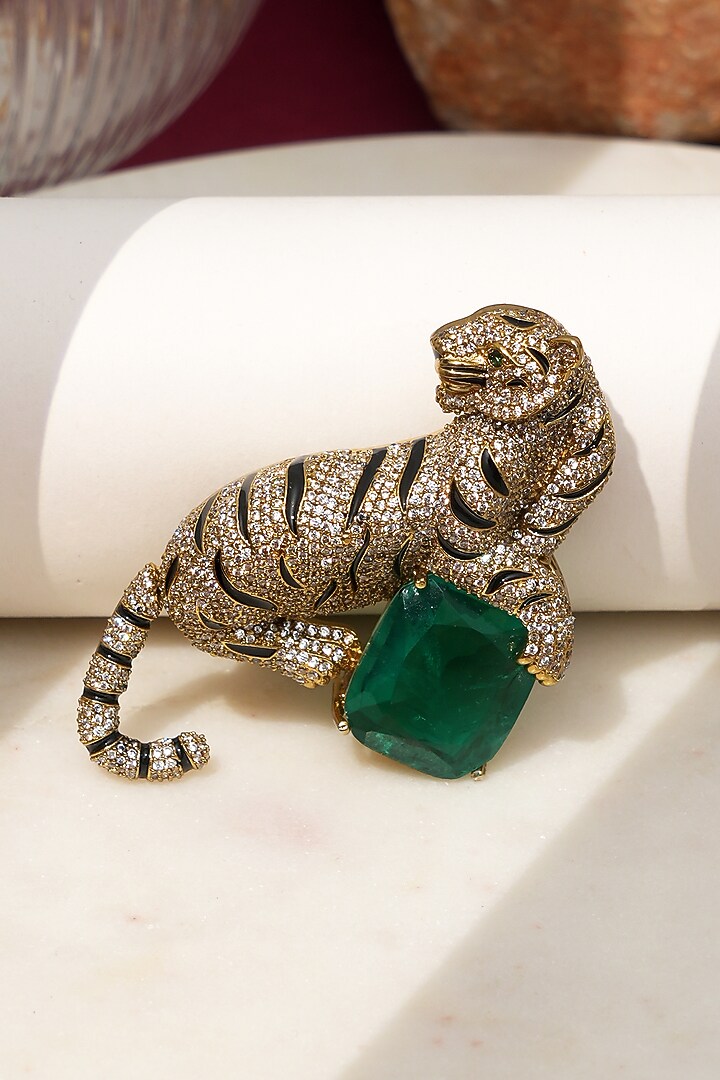 Gold Finish Diamond & Green Stone Jaguar Brooch by Beryachi at Pernia's Pop Up Shop