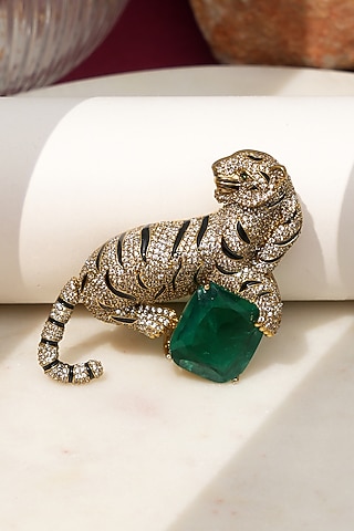 Gold Finish Diamond & Green Stone Jaguar Brooch by Beryachi