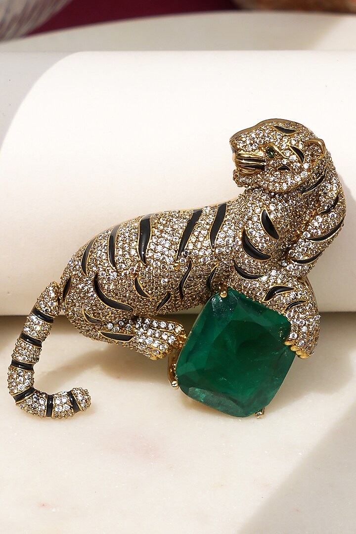 Gold Finish Diamond & Green Stone Jaguar Brooch by Beryachi at Pernia's Pop Up Shop