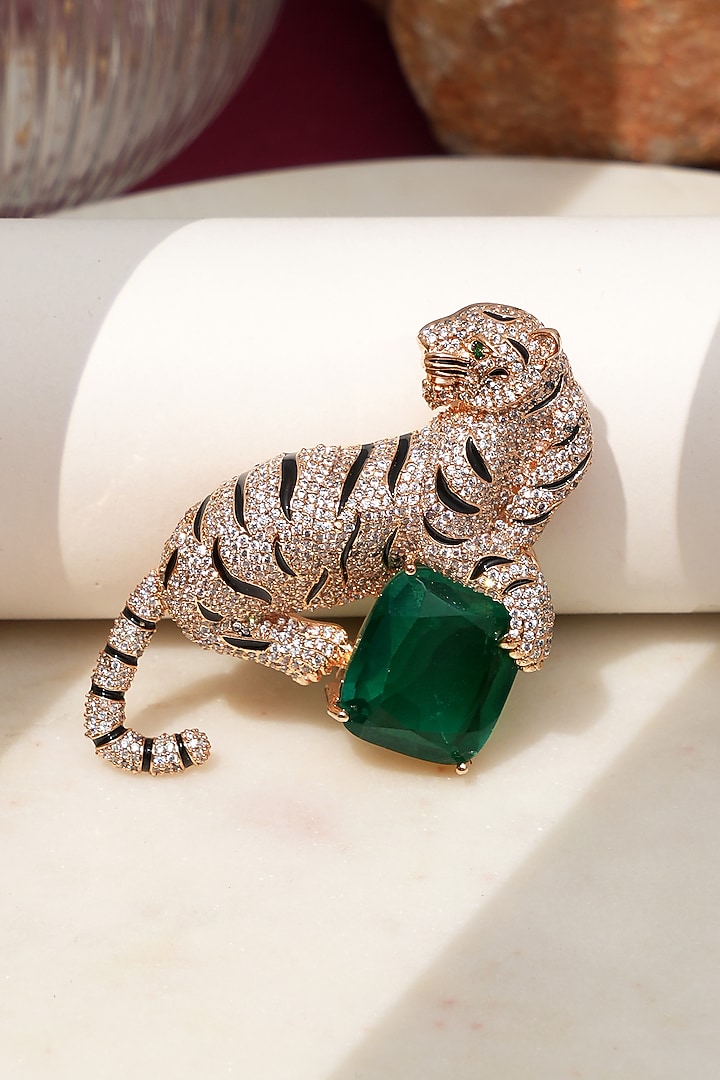Rose Gold Finish Diamond & Green Stone Jaguar Brooch by Beryachi at Pernia's Pop Up Shop