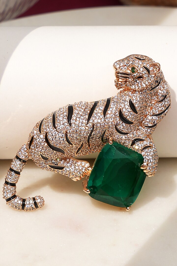 Rose Gold Finish Diamond & Green Stone Jaguar Brooch by Beryachi at Pernia's Pop Up Shop