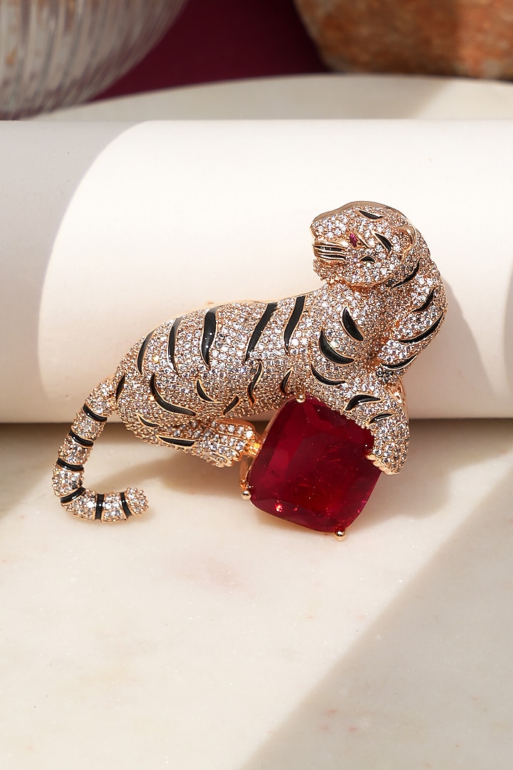 Rose Gold Finish Diamond & Red Stone Jaguar Brooch by Beryachi at Pernia's Pop Up Shop