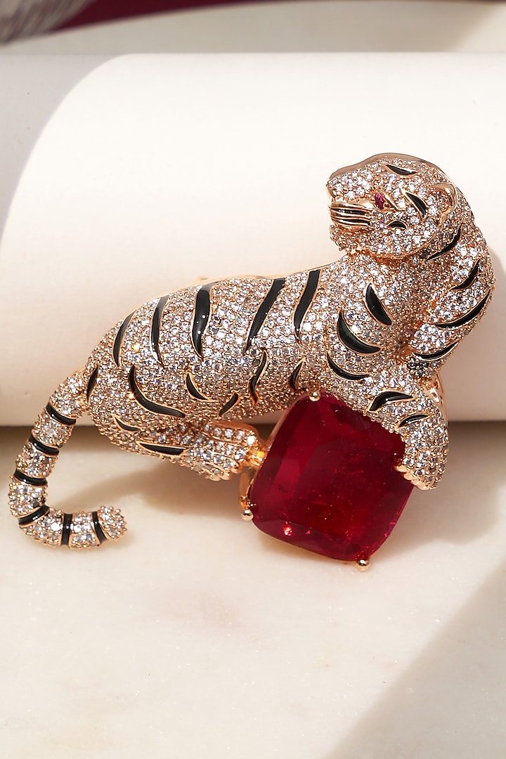 Rose Gold Finish Diamond & Red Stone Jaguar Brooch by Beryachi at Pernia's Pop Up Shop