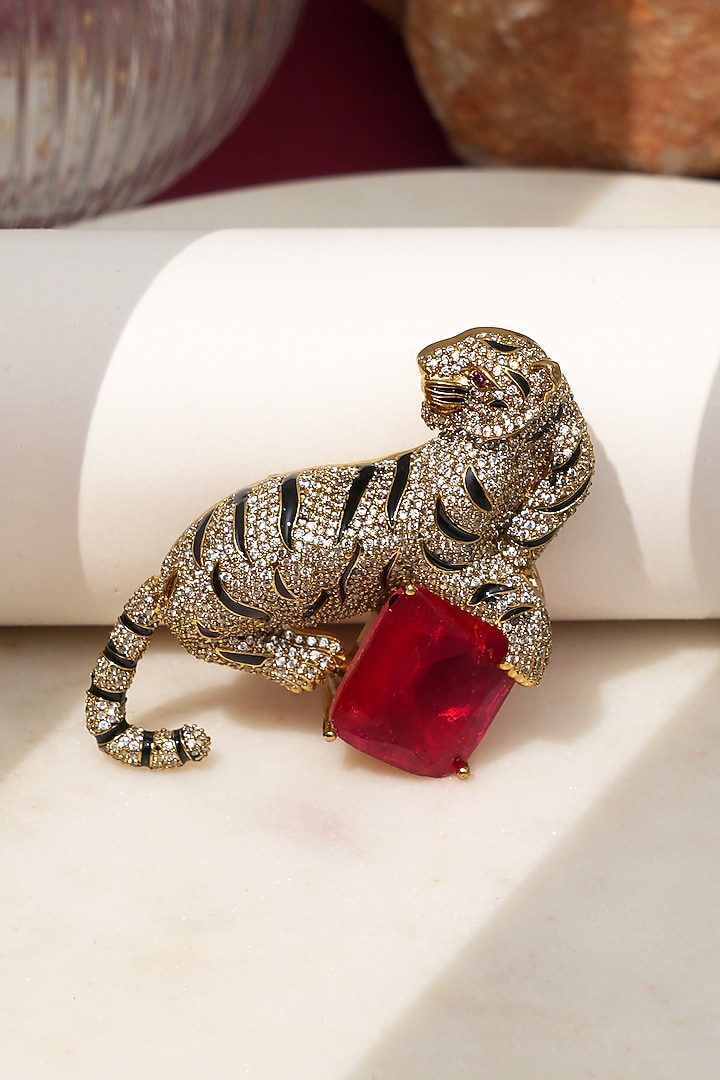Gold Finish Diamond & Red Stone Jaguar Brooch by Beryachi at Pernia's Pop Up Shop