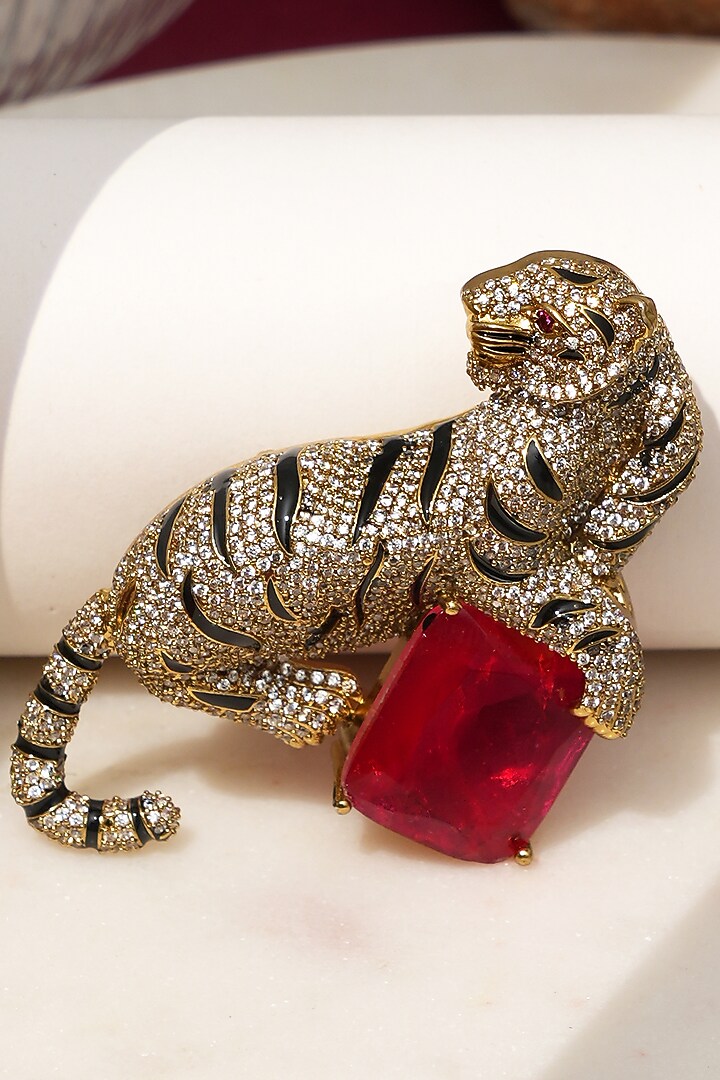 Gold Finish Diamond & Red Stone Jaguar Brooch by Beryachi at Pernia's Pop Up Shop