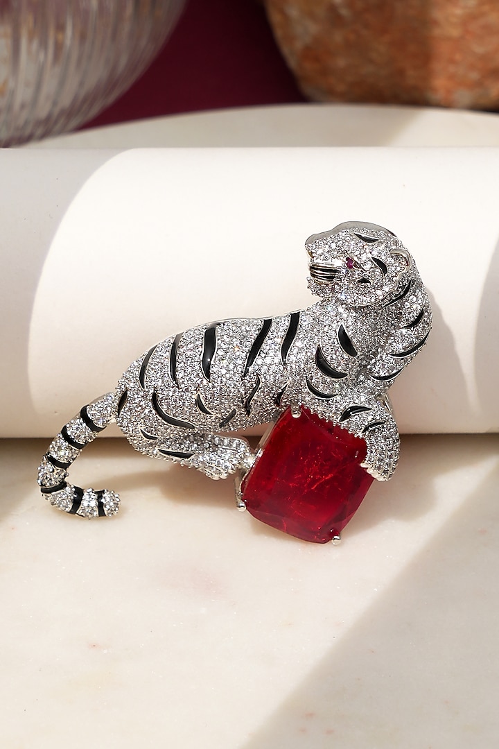 White Finish Diamond & Red Stone Jaguar Brooch by Beryachi at Pernia's Pop Up Shop