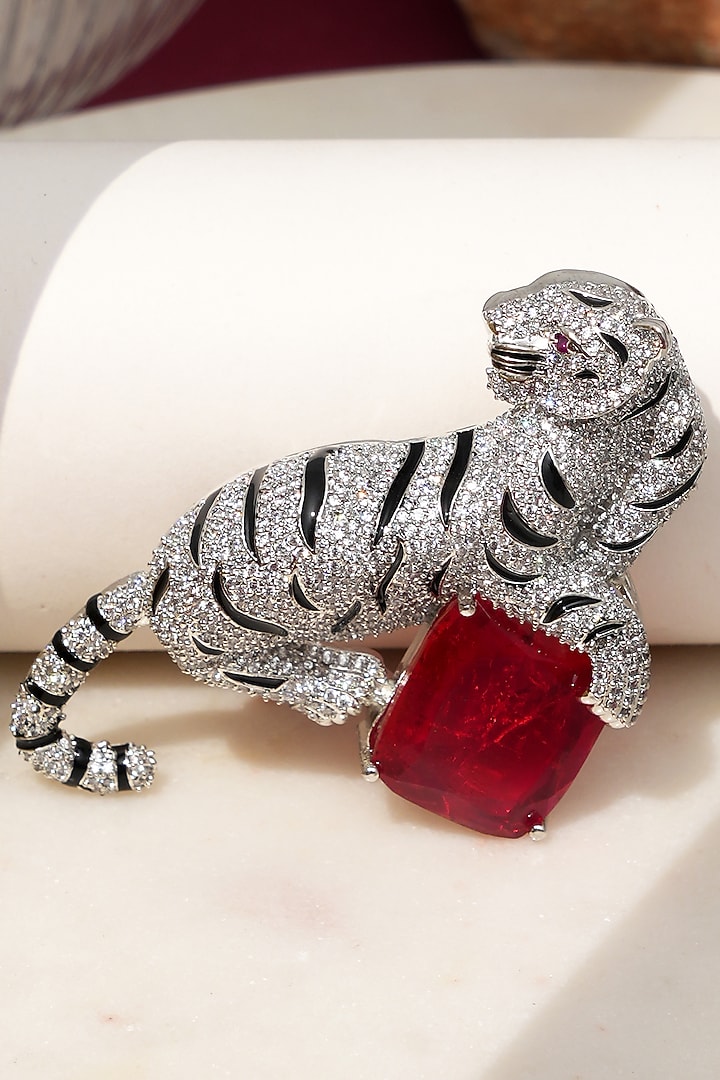 White Finish Diamond & Red Stone Jaguar Brooch by Beryachi at Pernia's Pop Up Shop
