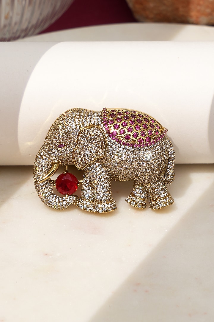 Gold Finish Diamond & Red Stone Elephant Brooch by Beryachi at Pernia's Pop Up Shop