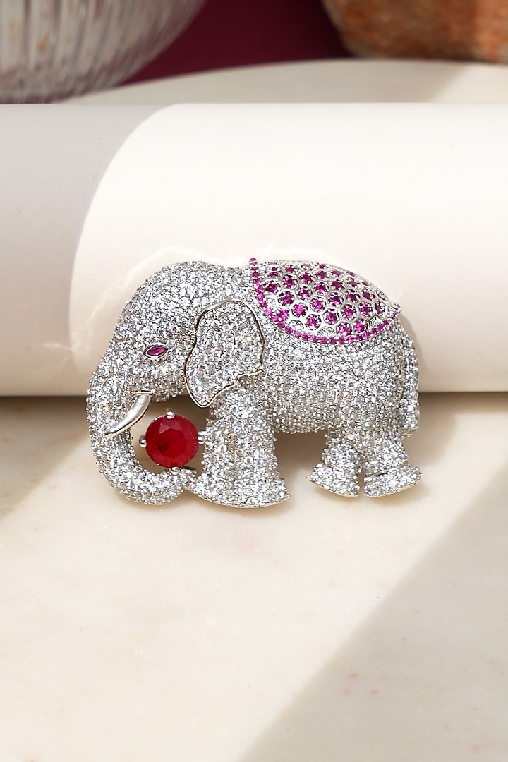 White Finish Diamond & Red Stone Elephant Brooch by Beryachi at Pernia's Pop Up Shop