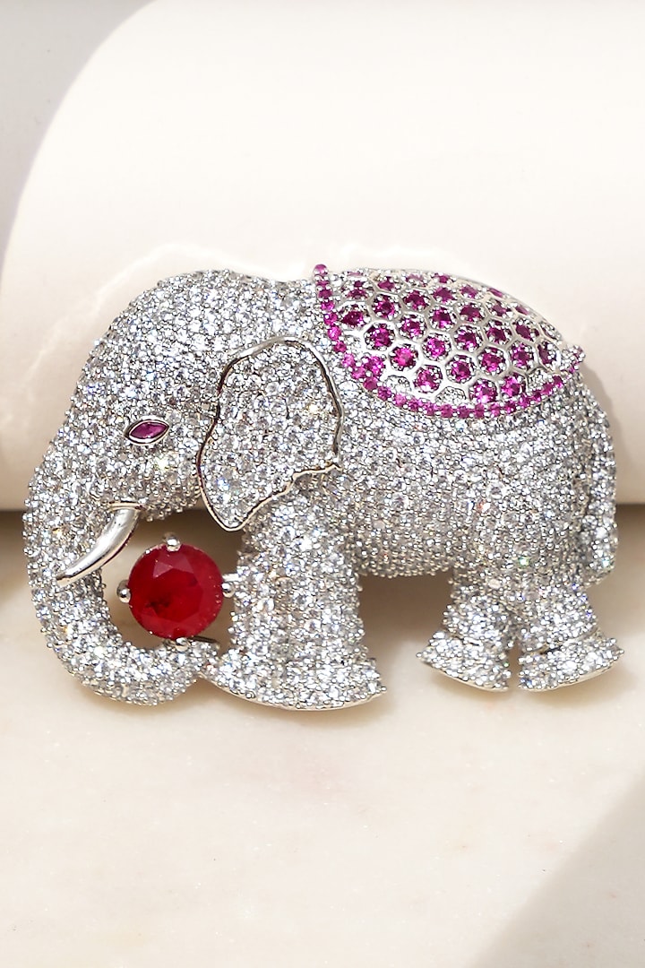 White Finish Diamond & Red Stone Elephant Brooch by Beryachi at Pernia's Pop Up Shop