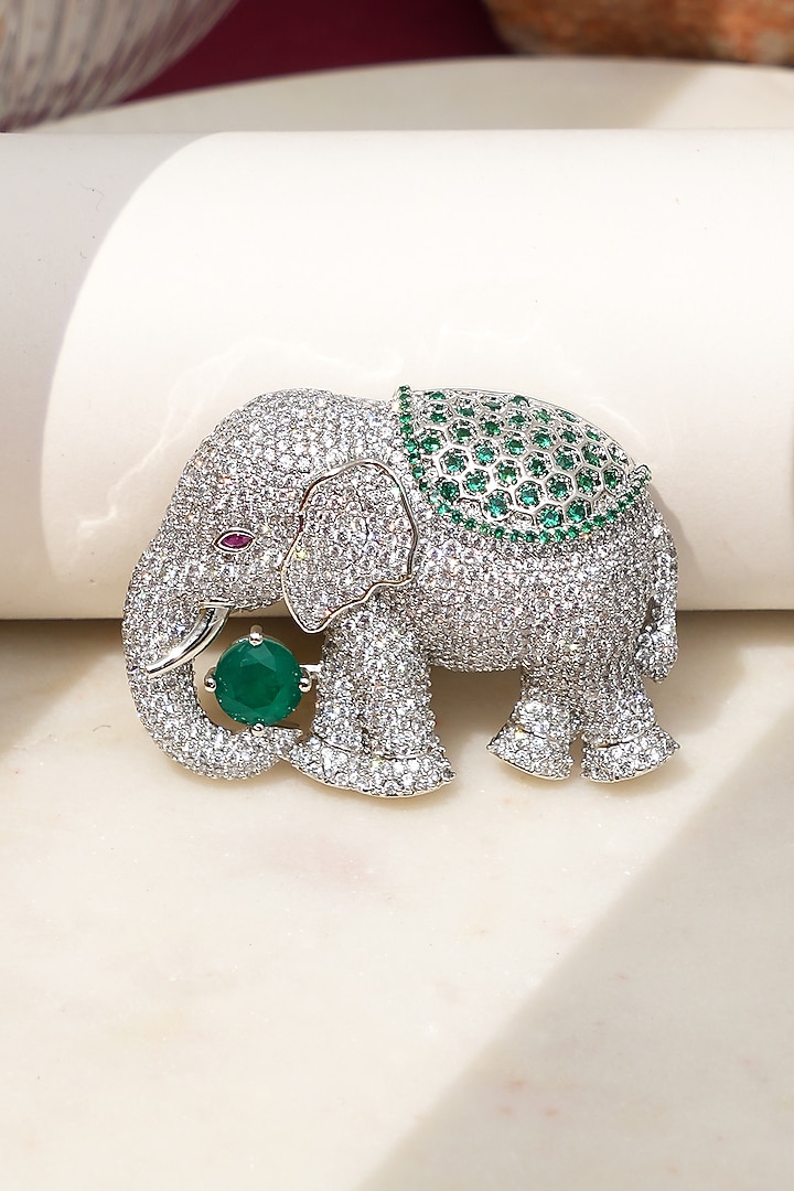 White Finish Diamond & Green Stone Tusker Treasure Elephant Brooch by Beryachi at Pernia's Pop Up Shop