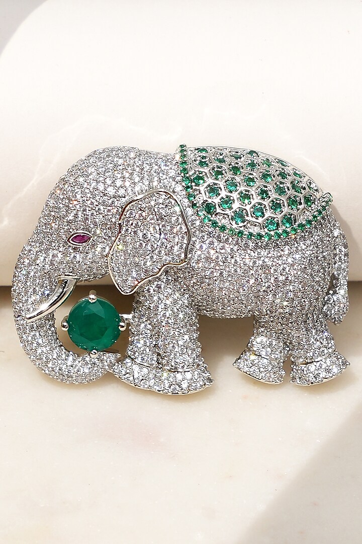 White Finish Diamond & Green Stone Tusker Treasure Elephant Brooch by Beryachi at Pernia's Pop Up Shop