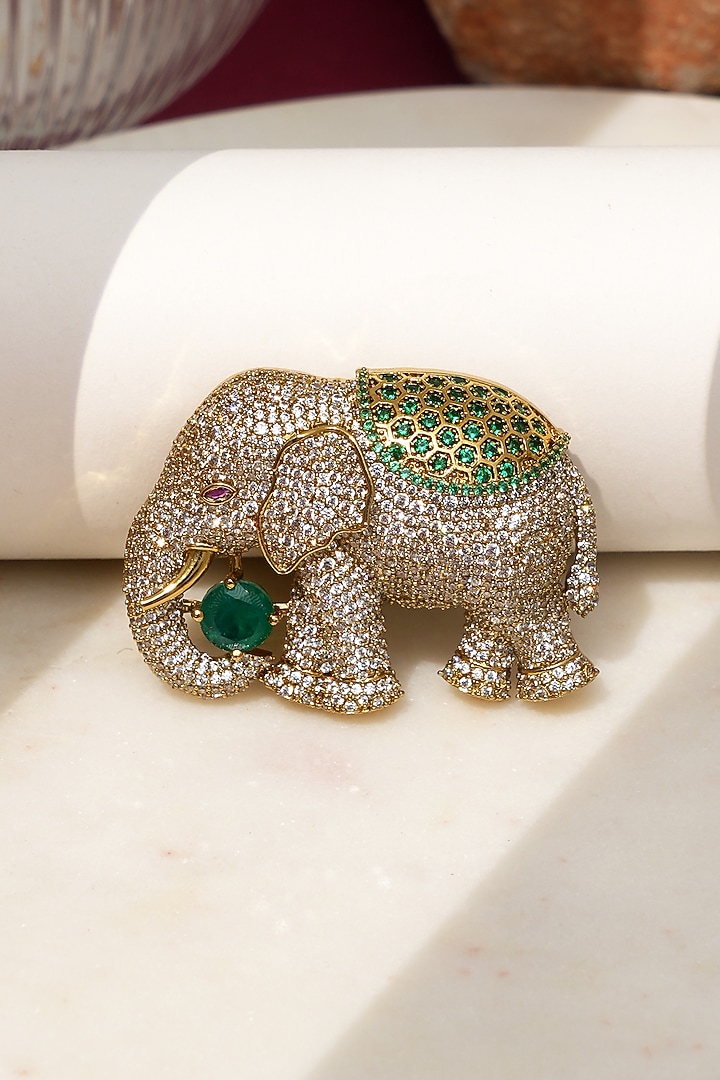 Gold Finish Diamond & Green Stone Tusker Treasure Elephant Brooch by Beryachi at Pernia's Pop Up Shop