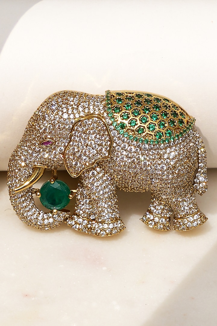 Gold Finish Diamond & Green Stone Tusker Treasure Elephant Brooch by Beryachi at Pernia's Pop Up Shop