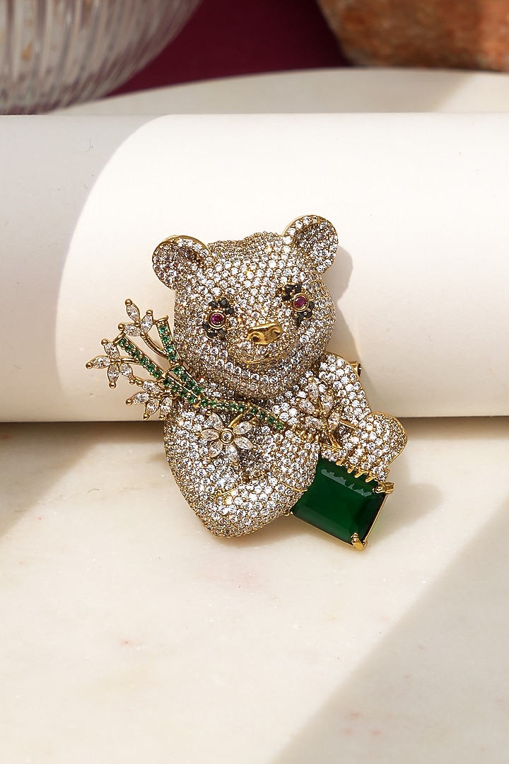 Gold Finish Diamond & Green Stone Jungle Eclat Brooch by Beryachi at Pernia's Pop Up Shop