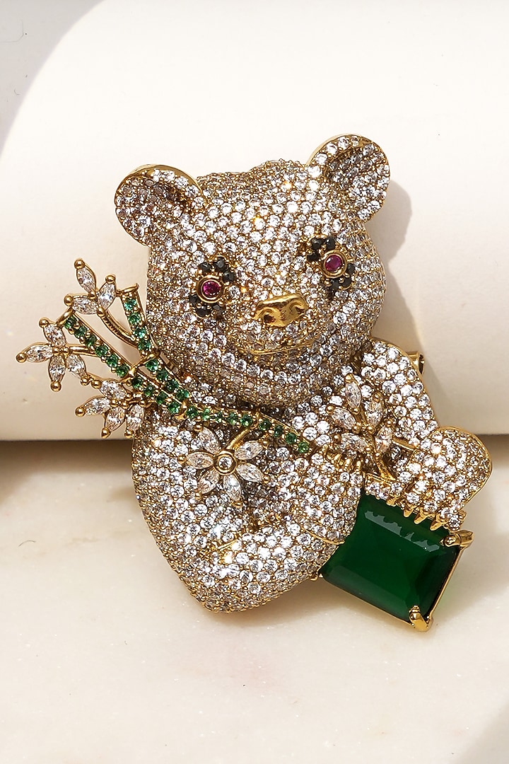 Gold Finish Diamond & Green Stone Jungle Eclat Brooch by Beryachi at Pernia's Pop Up Shop