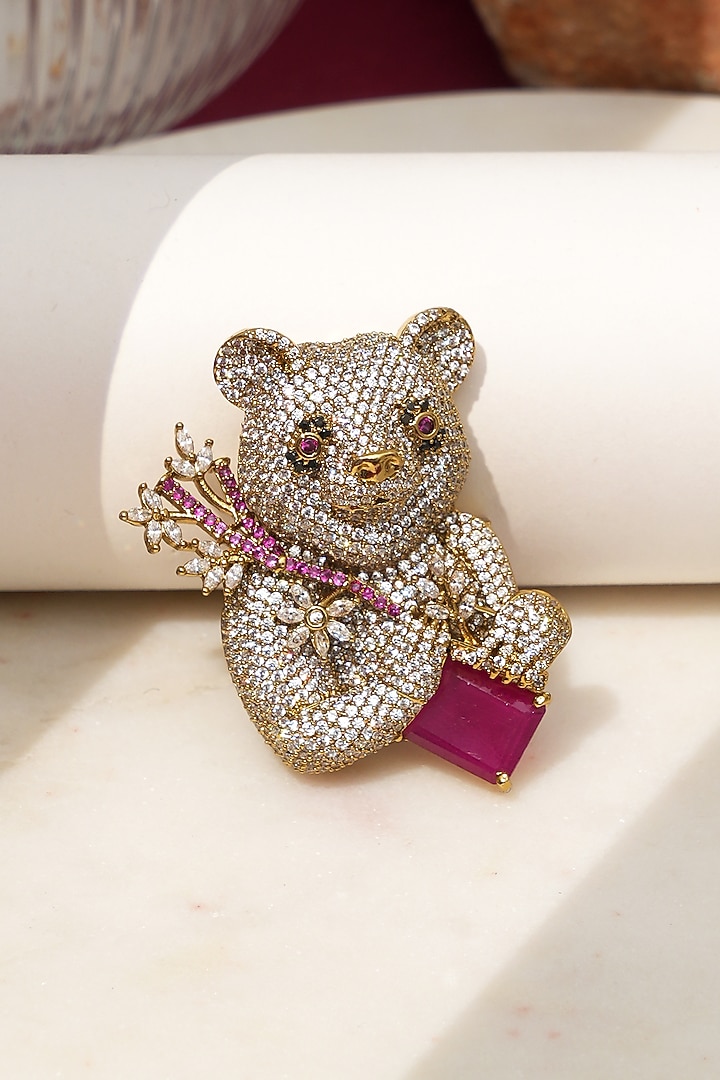 Gold Finish Diamond & Red Stone Jungle Eclat Brooch by Beryachi at Pernia's Pop Up Shop