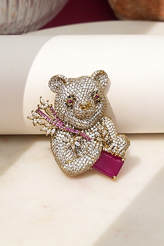 Gold Finish Diamond & Red Stone Jungle Eclat Brooch by Beryachi