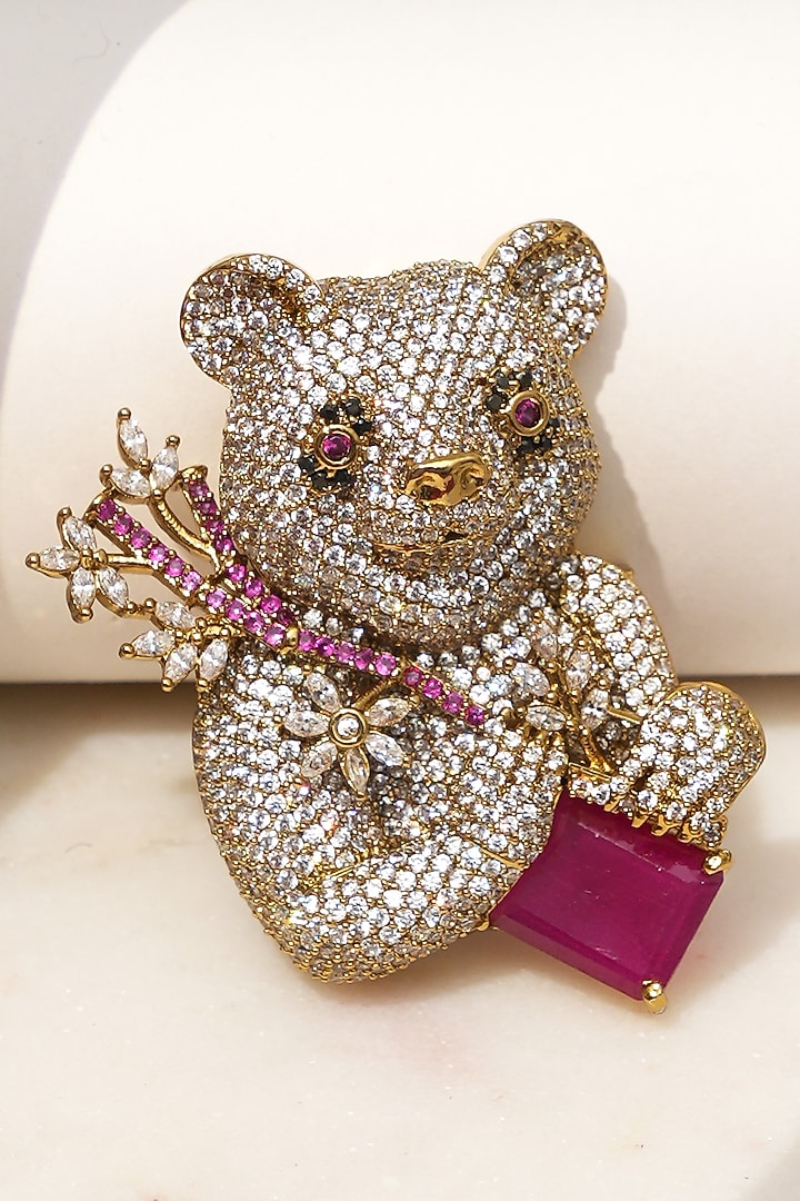 Gold Finish Diamond & Red Stone Jungle Eclat Brooch by Beryachi at Pernia's Pop Up Shop