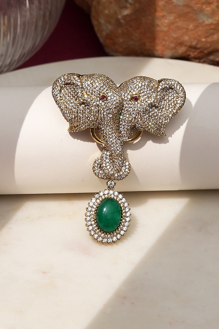 Gold Finish Diamond & Green Stone Gajraj Heritage Elephant Brooch by Beryachi at Pernia's Pop Up Shop