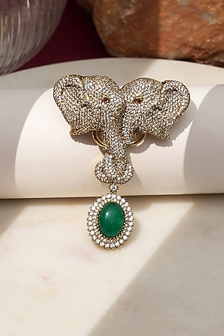 Gold Finish Diamond & Green Stone Gajraj Heritage Elephant Brooch by Beryachi