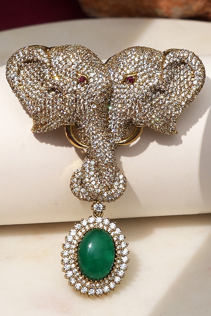 Gold Finish Diamond & Green Stone Gajraj Heritage Elephant Brooch by Beryachi at Pernia's Pop Up Shop
