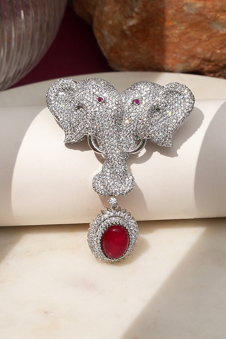 White Finish Diamond & Red Stone Gajraj Heritage Elephant Brooch by Beryachi at Pernia's Pop Up Shop