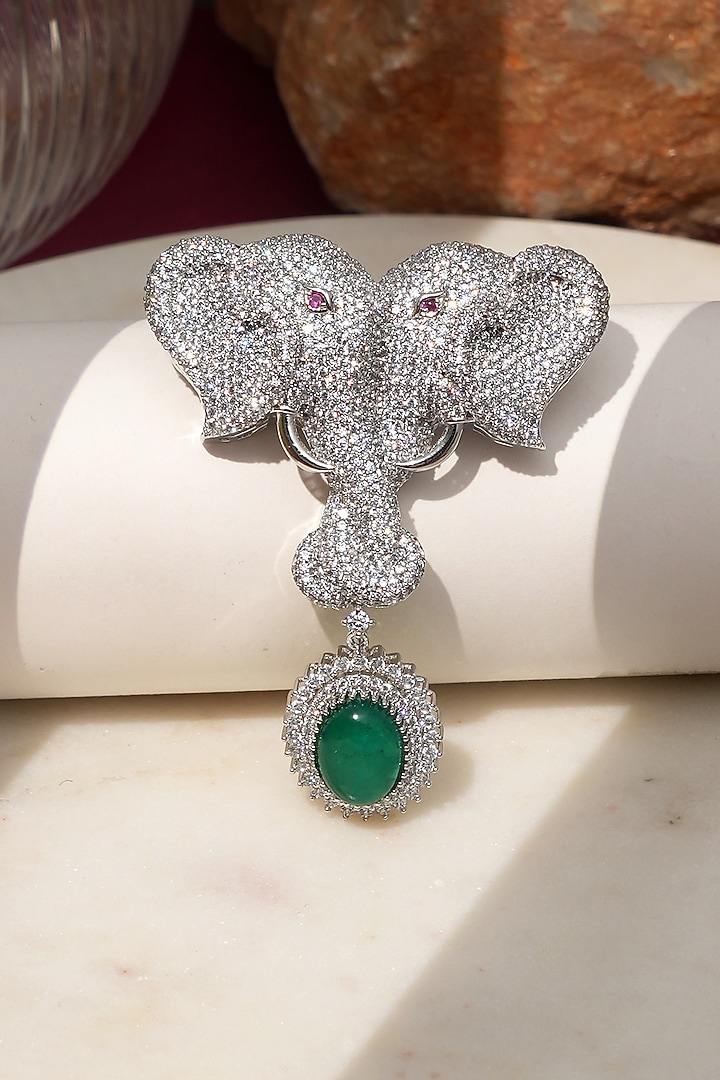 White Finish Diamond & Green Stone Gajraj Heritage Elephant Brooch by Beryachi at Pernia's Pop Up Shop
