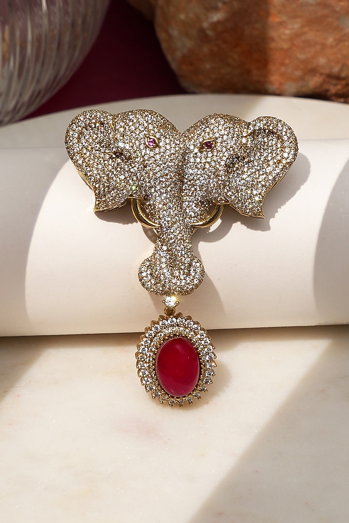 Gold Finish Diamond & Red Stone Gajraj Heritage Elephant Brooch by Beryachi at Pernia's Pop Up Shop