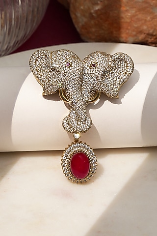 Gold Finish Diamond & Red Stone Gajraj Heritage Elephant Brooch by Beryachi