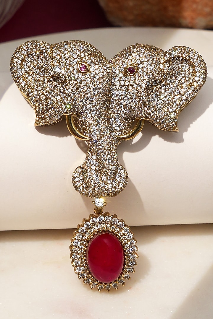 Gold Finish Diamond & Red Stone Gajraj Heritage Elephant Brooch by Beryachi at Pernia's Pop Up Shop