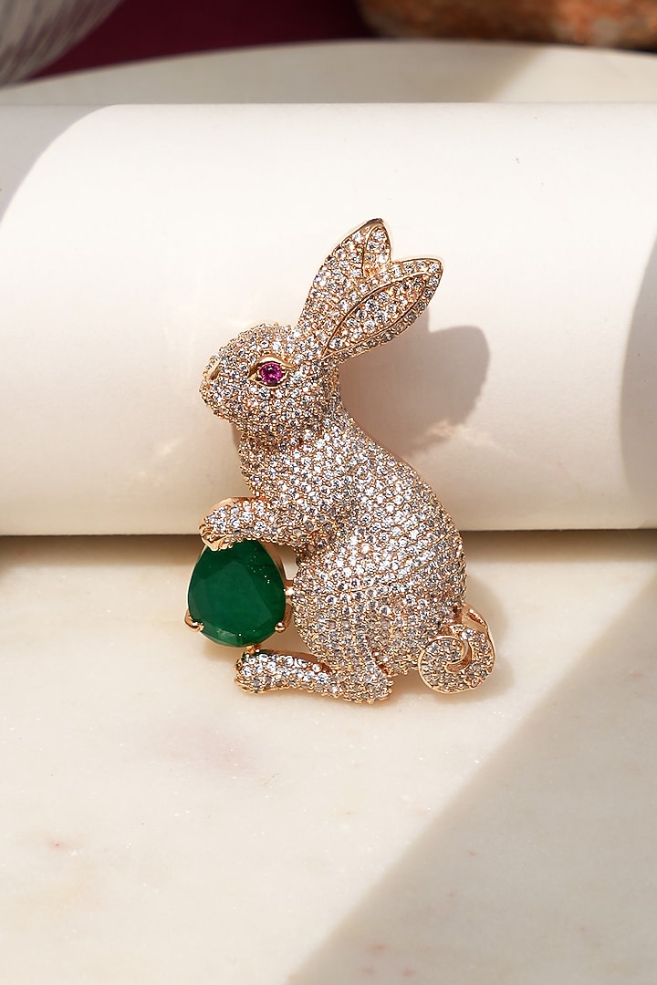 Gold Finish Diamond & Green Stone Bunny Bliss Brooch by Beryachi at Pernia's Pop Up Shop
