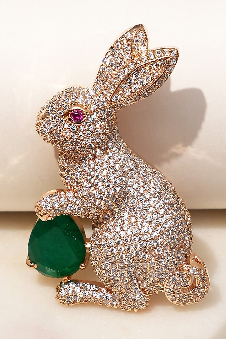 Gold Finish Diamond & Green Stone Bunny Bliss Brooch by Beryachi at Pernia's Pop Up Shop