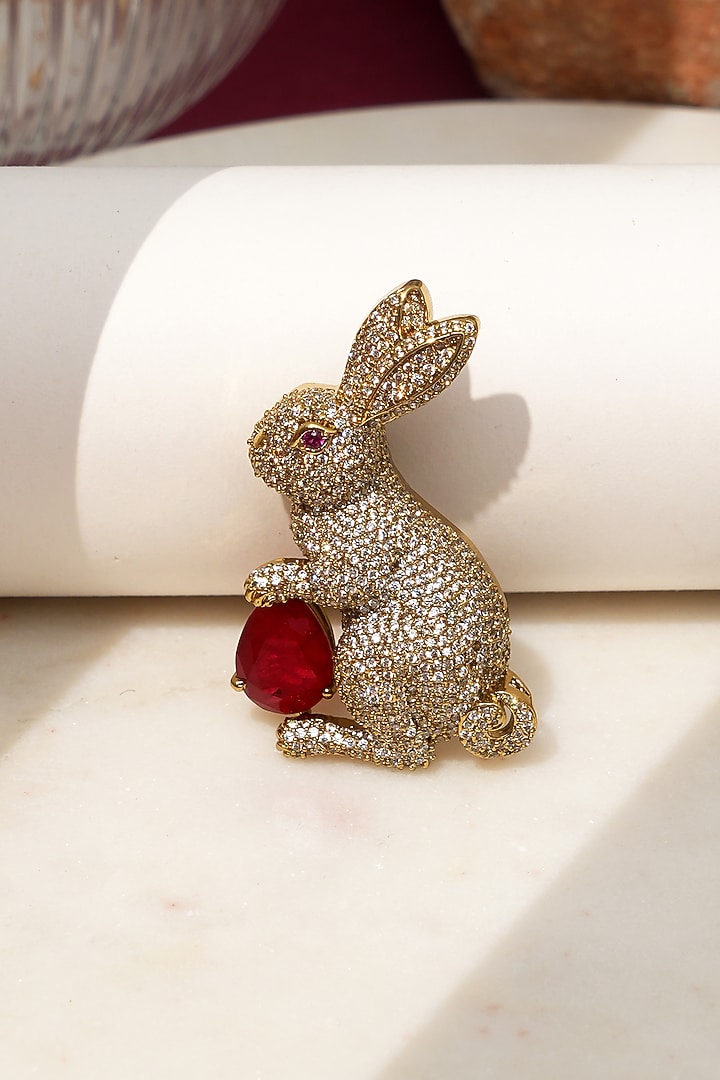Gold Finish Diamond & Red Stone Bunny Bliss Brooch by Beryachi at Pernia's Pop Up Shop