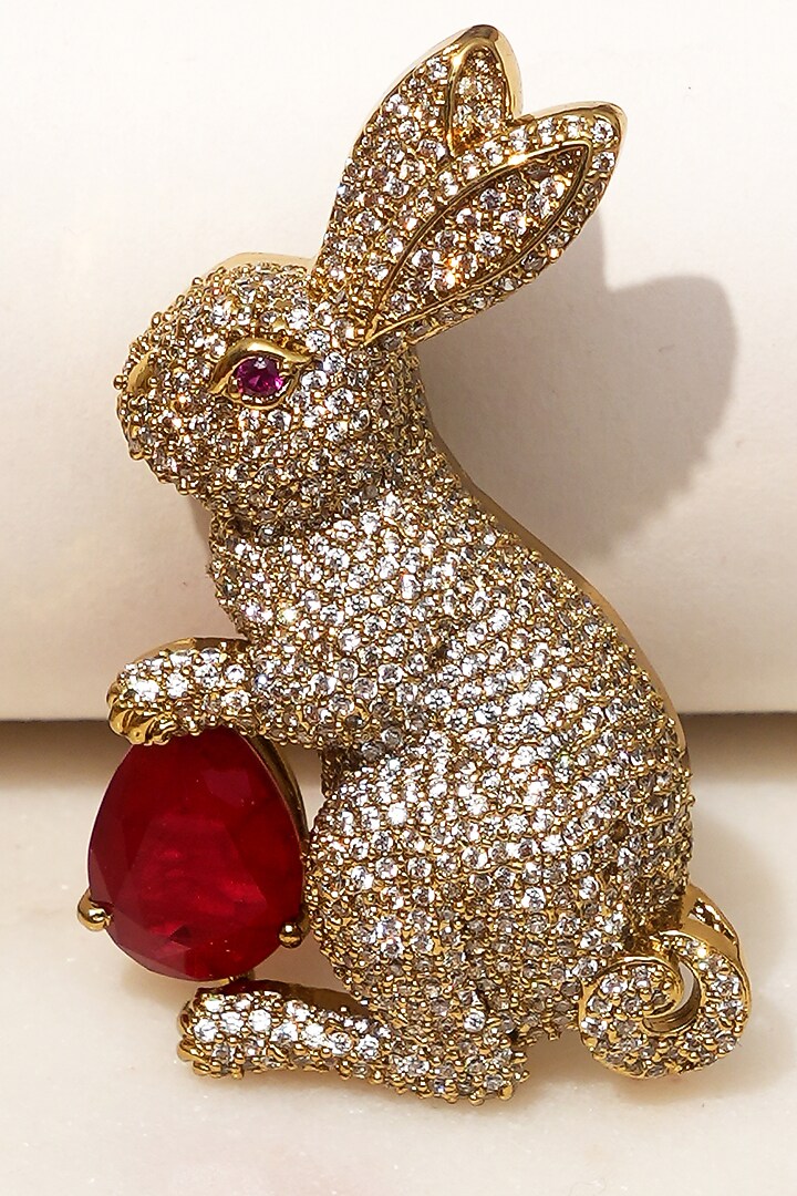 Gold Finish Diamond & Red Stone Bunny Bliss Brooch by Beryachi at Pernia's Pop Up Shop