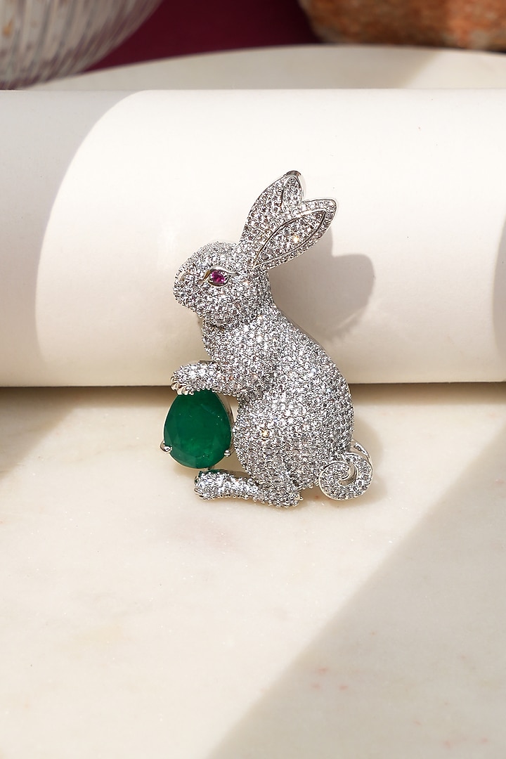 White Finish Diamond & Green Stone Bunny Bliss Brooch by Beryachi at Pernia's Pop Up Shop