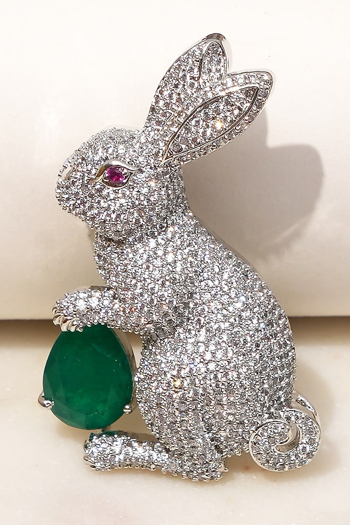 White Finish Diamond & Green Stone Bunny Bliss Brooch by Beryachi at Pernia's Pop Up Shop