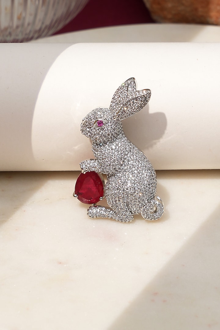 White Finish Diamond & Red Stone Bunny Bliss Brooch by Beryachi at Pernia's Pop Up Shop