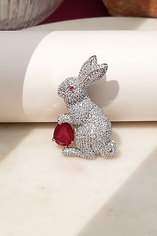 White Finish Diamond & Red Stone Bunny Bliss Brooch by Beryachi