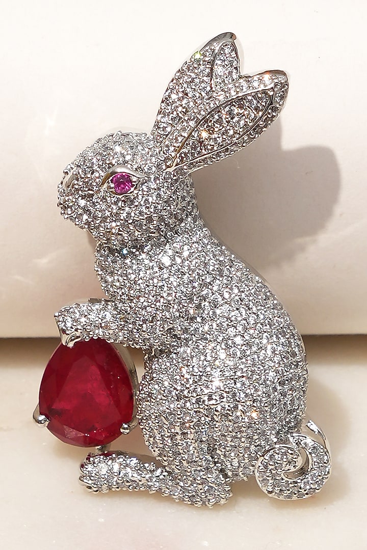White Finish Diamond & Red Stone Bunny Bliss Brooch by Beryachi at Pernia's Pop Up Shop