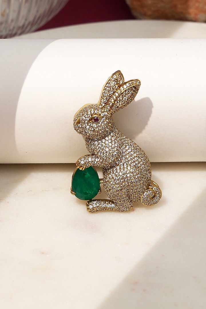 Gold Finish Diamond & Green Stone Bunny Bliss Brooch by Beryachi at Pernia's Pop Up Shop