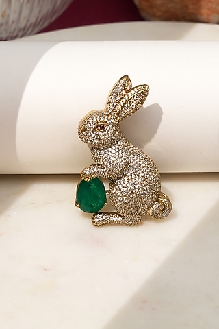 Gold Finish Diamond & Green Stone Bunny Bliss Brooch by Beryachi